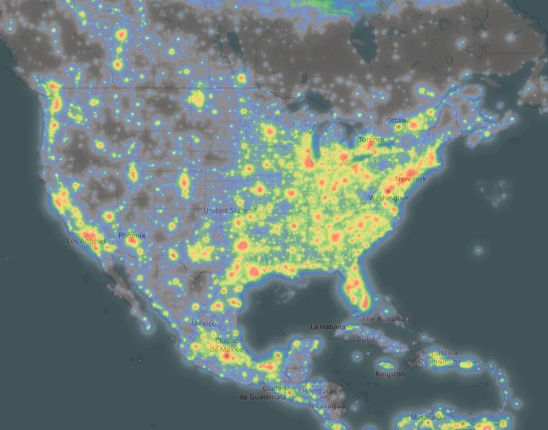 Milky Way Planner light pollution overlay showing Bortle scale darkness levels