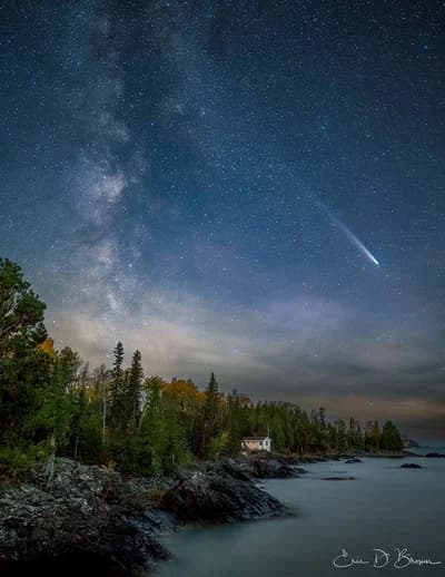 Milky Way and comet over Lake Superior