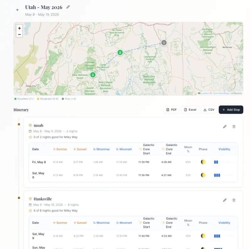 Trip planner showing multi-stop itinerary with map, dates, and visibility ratings for a Utah photography trip